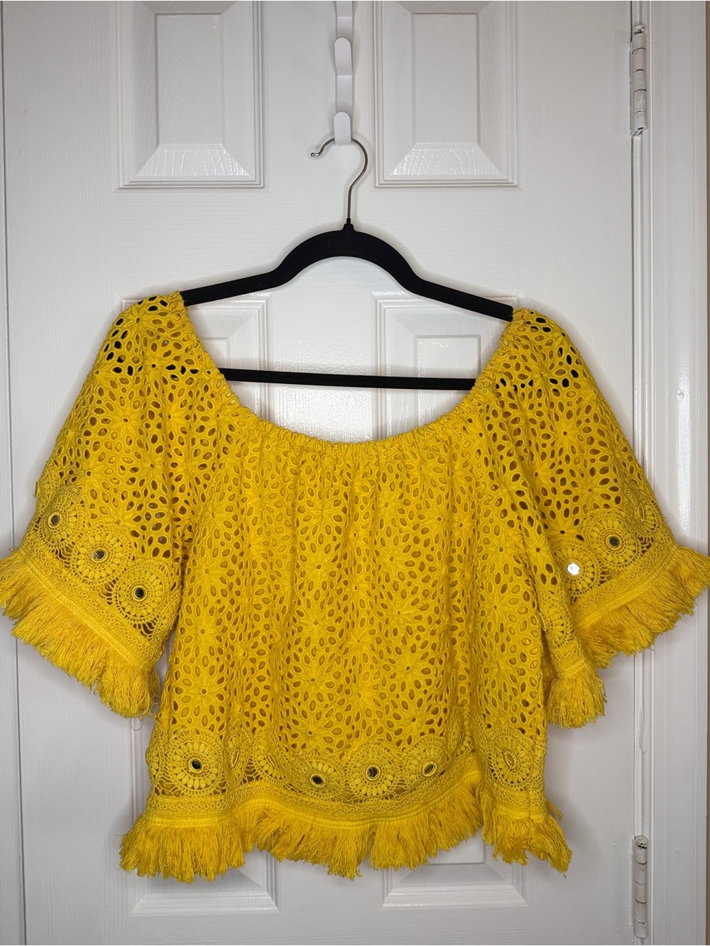 Boston Proper Crochet Fringe Off-Shoulder Top - Yellow